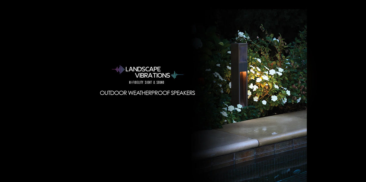 Landscape Vibration outdoor weatherproof speakers shown installed in a garden setting at night, with a pool edge visible in the foreground and text overlay on the left.