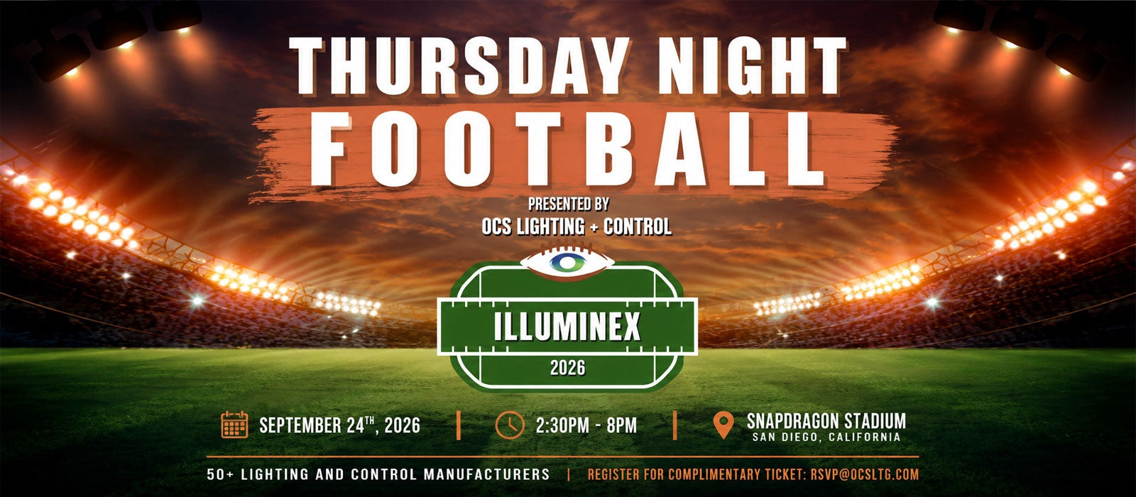 Promotional graphic for Thursday Night Football at Oracle Park, featuring a stadium scene with illuminated floodlights and a green field. Large white text reads 'THURSDAY NIGHT FOOTBALL,' with event details below including date, time, and venue.
