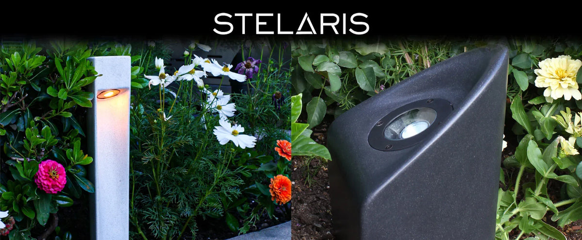 A split-screen product showcase for the STELARIS garden light, featuring a white cylindrical post glowing with warm light on the left, and a black angular ground head on the right, both set against a lush garden background with flowers. The brand name 'STELARIS' is displayed at the top.