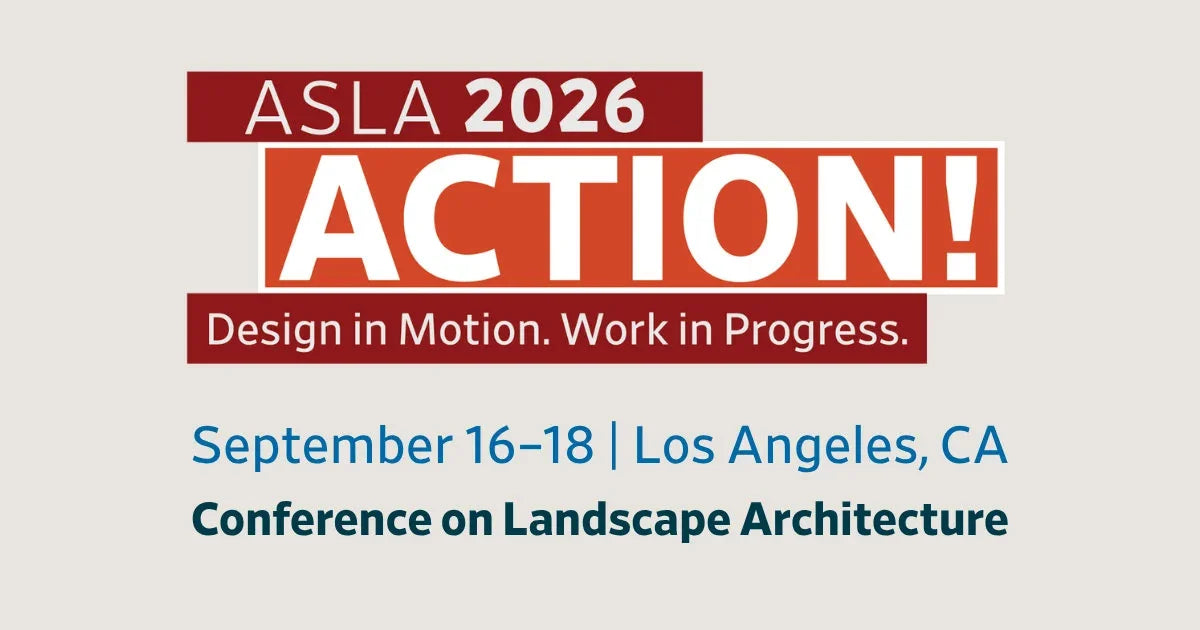 Promotional graphic for ASLA 2026 Action! Conference on Landscape Architecture, with large red and white text reading 'ASLA 2026 ACTION!' and blue text below reading 'September 16-18 | Los Angeles, CA' and 'Conference on Landscape Architecture' on a light beige background.
