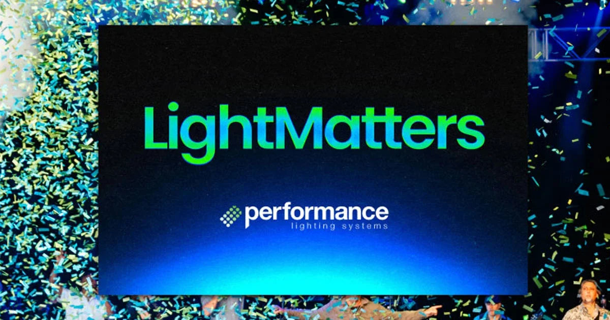 A presentation slide or poster with the text 'LightMatters' in green and blue gradient lettering, and 'performance lighting systems' below it, set against a dark background with confetti and a blue glow. The outer background shows a stage-like scene with people partially visible at the edges.